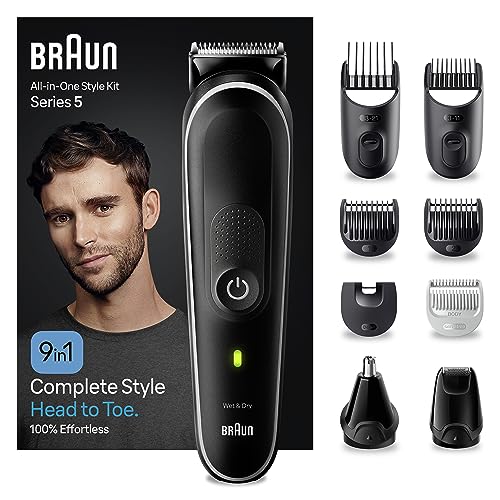 Braun All-In-One Trimmer-Set 5, 9-in-1 Multigroom, Barttrimmer, Nasenhaartrimmer, Haarschneidemaschine für Gesicht, Kopf und Körper, 100 Min. Akku, 14 Längen (3–21 mm), Wasserdicht, MGK5410, Schwarz