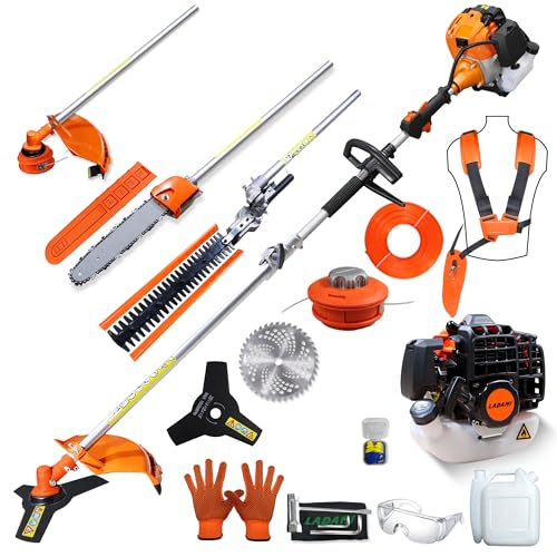 LADAMI Benzin Motorsense 52cc 2-Takt freischneider-mit Benzin-Strimmer und Freischneider 、Heckenschere 、Kettensäge 3 PS, 2-Takt Luftgekühltes Gartengerät, Leistungsstark & Kraftstoffsparend