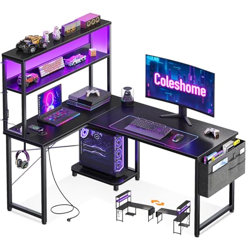 Coleshome Gaming Tisch L Form mit LED & Display Regal, 110×80 cm, Schwarz