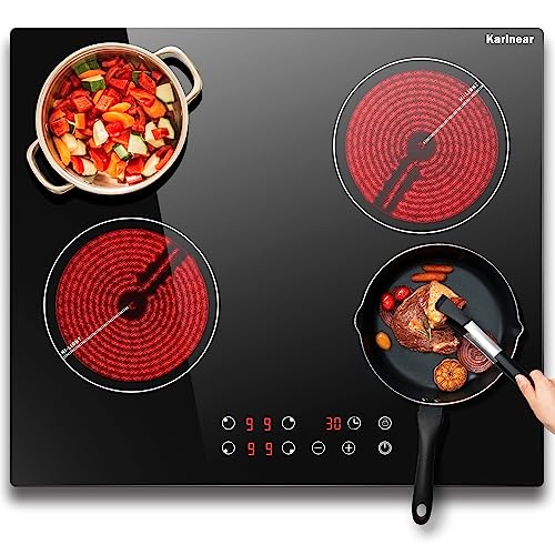 Karinear Kochfeld 4 Platten 6000W, Glaskeramikkochfeld 60cm Autark Einbau, Touch-Steuerung, Herdplatte 4 Kochfelder mit Timer, Sicherheitsverriegelung, Restwärmeanzeige, 240V, Kein Stecker