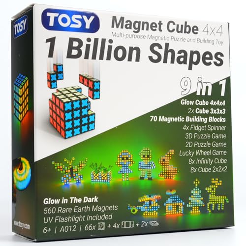 TOSY Magnet Cube 4x4 – 70 Bausteine, 560 Magnete, multifunktional: kreative Bausteine, verwandelbarer Fidget-Spinner, Puzzle-/Infinity-Würfel, Kinder, leuchtendes STEM-Spielzeug