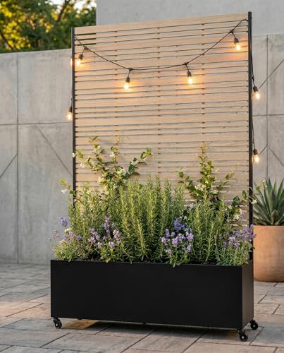 Hochbeet Metall mit Sichtschutz, 119 x 41 x 185 cm Pflanzkasten mit Rollen, 33 cm tiefes Pflanzbeet, Pflanzkübel Pflanzkasten für Gemüse, Kräuter und Blumen, wetterfest für Garten, Balkon und Terrasse