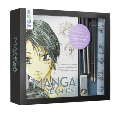Kreativ-Set Manga zeichnen. Buch mit Mangagrundlagen (32 Seiten, 14 x 21 cm, Softcover) sowie Zeichenmaterial: Mangapapierblock A5, 1 Fineliner, 2 Bleistifte, Radiergummi, Lineal
