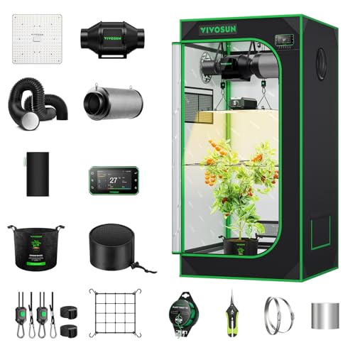 VIVOSUN Smart Growzelt Komplettset 60x60x120cm, WLAN-integriertes automatisches Grow-System mit 100W Vollspektrum-LED-Pflanzenlampe und effizientem Belüftungssystem mit GrowHub E42A+ Controller