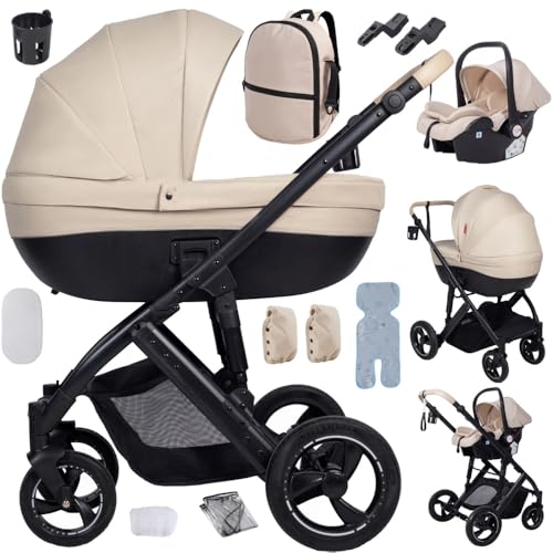 3 in 1 Kinderwagen mit Babywanne,faltbares Reisesystem,für Neugeborene bis Kleinkinder,Geländeräder,inklusive Reisetasche,Regenschutz und weiterem Zubehör(weiß)