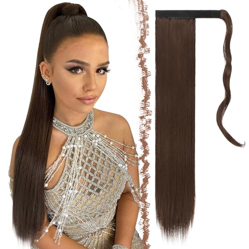 FESHFEN Lang Glattes Pferdeschwanz Haarteil Long Ponytail Extensions Synthetik Haarverlängerung Zopf Haar Extension für Damen Mädchen, Mittel Braun 60 cm
