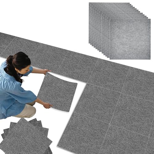 JCRWXP 12 Stück Teppichfliesen Selbstklebend, 30 x 30 cm rutschfeste Teppich Klein, Dunkelgrau Waschbarer Auslegware, Verschleißfester Kleiner Teppich, für Heim und Büro
