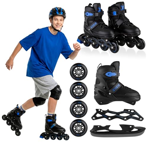 Xride 4in1 Rollschuhe Inliner für Kinder, Verstellbare Inline Skates mit Schlittschuhen, Schwarz Blau, ABEC-7 Kugellager, PU Rollen, Größenverstellbar, 39-42