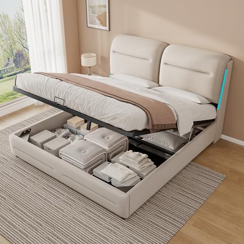 ZUUYEE Doppelbett Polsterbett 180x200 mit LED-Kopfteil, Hydraulische Bett mit Stauraum, Bettgestell mit Metallrahmen Bettkasten und Lattenrost, Samt, Beige, Bett 180x200, ohne Matratze