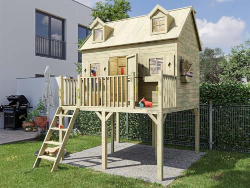 Prestige Garden Stelzenhaus Madrid KDI | 248x322x360 cm | Kesseldruckimprägniertes Kiefernholz | Mit 120 cm Podest, Veranda & Schlafboden | Kinder Outdoor Spielhaus