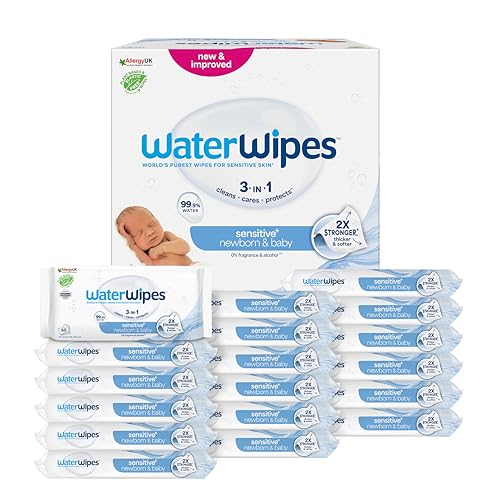 WaterWipes Sensitive+ Newborn & Baby Wipes, Feuchttücher für Neugeborene und Babys, 1080 Stück (18 Packungen), 3-in-1-Reinigung, Pflege, Schutz, 99,9% Wasser, parfümfrei