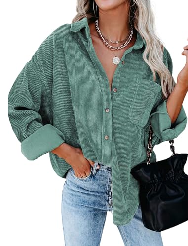 Friptspyg Cordhemd Damen Bluse Langarm Cordbluse Lässiges Hemdbluse Oversized Cordjacke Button Down Corduroy Bluse Casual Cord Hemd mit Tasche, Grau Grün M