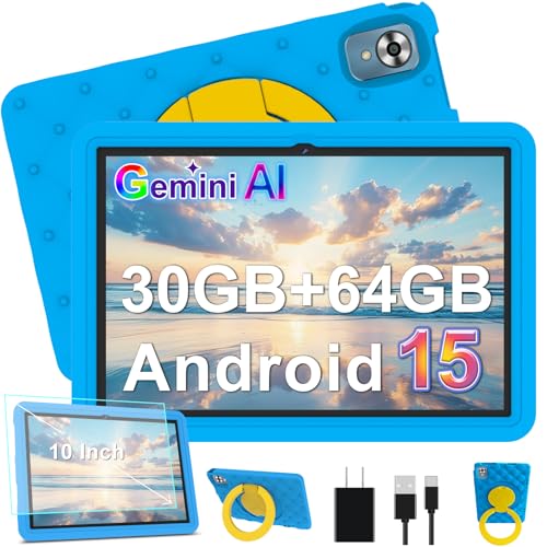 DMOAO Kinder Tablet 10 Zoll Android 15 mit 30GB RAM + 64GB ROM(2TB), 5G WLAN 6, Widevine L1, Elterliche Kontrolle, 8-Core, 6000 mAh, Kids Tablet mit Kinder Hülle Eva + 360° Drehbarer Ständer, Blau