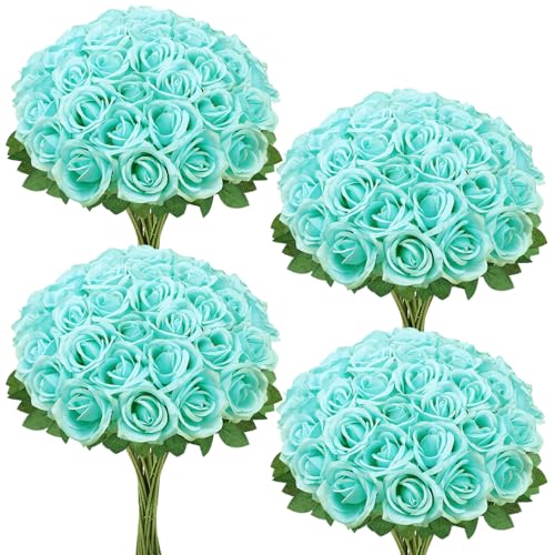 Xialvyu 36 Stück Künstliche Rosen,Künstliche Blumen,Fake Rosen kunstblume mit Stielen für DIY Hochzeit, Valentinstag, Muttertag, Babyparty, Blumensträuße Braut Zuhause Dekoration(Türkisfarbene)