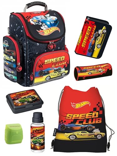 Familando - Schulranzen Set - 7-teilig mit Sporttasche - Hot Wheels - Ergonomisch, stabil & mit gepolstertem Rücken - 1010g leicht - 18L Volumen - Mit Reflektoren - Für Grundschule ab 1. Klasse