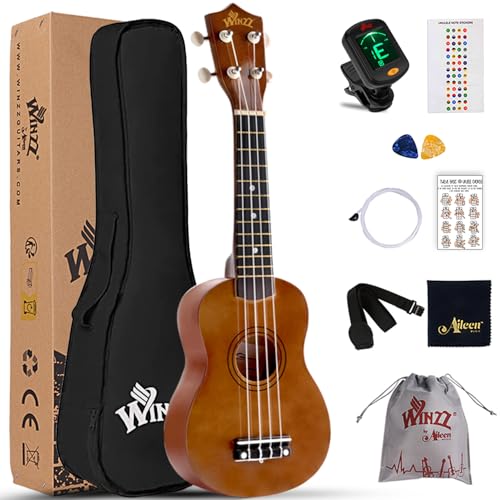 Winzz Sopran Ukulele Starter Kit für Anfänger, mit Tasche, Clip-On Tuner, zusätzlichen Saiten, Gurt, Plektron, Griffbrettaufkleber, Akkord-Karte, Poliertuch, Hautfarben