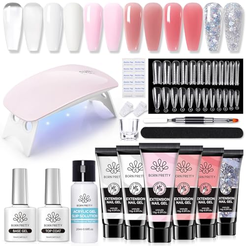 Born Pretty Polygel Starter Set mit UV Lampe, Nagelset Gelnägel Starterset 6 Farben Transparent Weiß Nude Rose Glitzer Polygel Nägel und Slip Solution Base Top Coat Acrylnägel Nagelverlängerung Kit