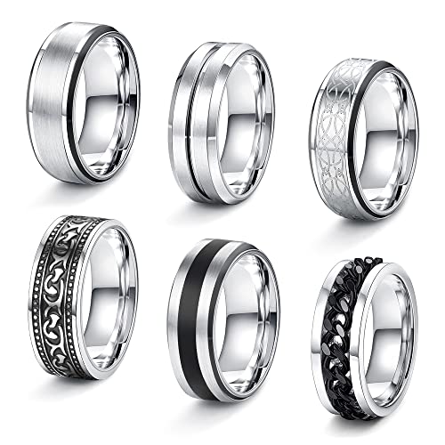 JeweBella 6 Stück Ringe Herren Edelstahl Ringe Set Silber Matt Poliert Keltischer Knoten Vintage Ringe Ketten Ringe Flaschenöffner Ring Bandringe Ehering Verlobungsringe für Männer Damen Größe 54-70