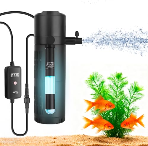 BAITAI Aquarium Innenfilter mit UV-Sterilisator & Timer, 5-in-1 Filterpumpe mit Belüftung & Regendusche, 500 L/H, Leise, für Süß- & Meerwasser, geeignet für 50–125L Aquarien