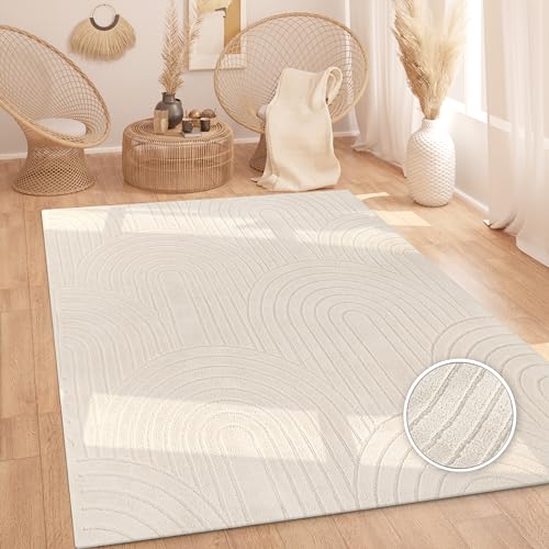 Paco Home Teppich Wohnzimmer Schlafzimmer Hochflor Weich Uni Skandinavisch Boho Motiv 3D Optik Regenbogen Waschbar Creme, Grösse:80x150 cm