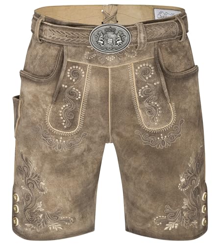 Schöneberger Trachten Couture Herren Lederhose kurz mit Trachtengürtel Hirsch, Antik Trachtenhose für Oktoberfest aus Nubukleder, Vintage braun Wiesnbock (52)