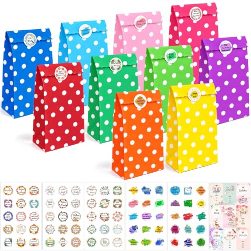 KASZOO Papiertüten, 40 Stück Bunte Geschenktütenmit 84 Aufkleber (Auf Deutsch) Candy Tüten zum Verpacken von Geschenken, Giveaways, Kindergeburtstag, Hochzeit, Party, usw