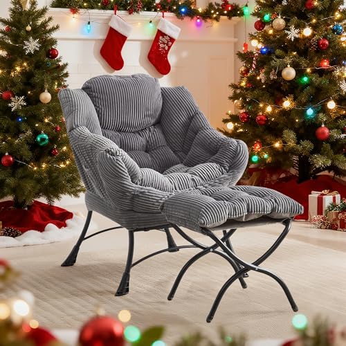 LIFEISLE Ohrensessel Stuhl mit Hocker, Lazy Chair, Relaxsessel mit Armlehnen, Moderner Loungestuhl mit Fußstütze und Seitentasche im Wohnzimmer Schlafzimmer Lesesessel,Cord Grau