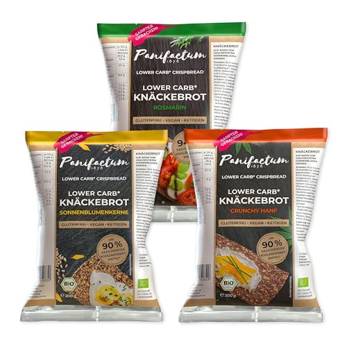 Panifactum Knäckebrot Probierpaket, Set mit 3 Low Carb BIO-Broten, Ketogen, Vegan, Laktose- & Glutenfrei, Hoher Ballaststoffgehalt & Proteingehalt, Knusperbrot für Unterwegs, Schule & Arbeit, 3x 200 g