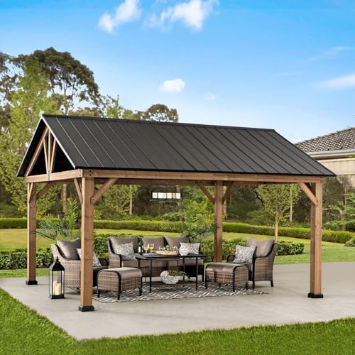 SUNJOY 4,6x4 m Holzpavillon aus Zedernholz wasserdicht, Wind- & schneefest, mit Satteldach aus Stahl, 14 cm starken Pfosten, robuster, dauerhafter Pavillon für Terrasse, Garten & Auto