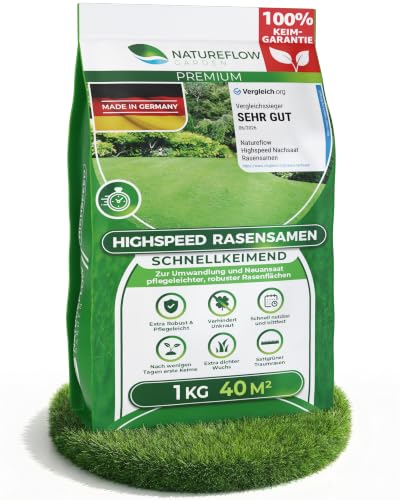 Rasensamen schnellkeimend Sommer 1kg – TEST SEHR GUT – Grassamen schnellkeimend Rasen Nachsaat Made in Germany – Rasensaat 40qm - Rasensamen Sommer Samen von Natureflow