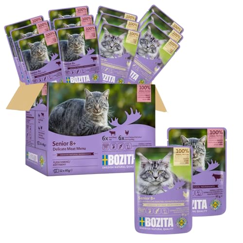 Bozita Nassfutter Senior 8+ Multibox - Häppchen in Sauce mit Fleisch - 12x85g Portionsbeutel getreidefreies & weizenfreies Mixpack - Katzenfutter mit 8,5% Protein & 4,5% Fett
