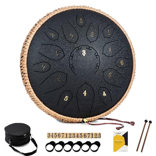 MeloBeat Zungentrommel 12 Zoll 15 Töne - Professionelles Steel Tongue Drum Handpan Set in D Dur inkl. Zungentrommel Liederbuch, Schlagzeug Sticks und Trommel Tragetasche (Schwarz)