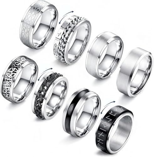JeryWe 8 Stück Fidget Ring Herren Eheringe Verlobungsring Edelstahl Spinner Ring, Keltischer Knoten, Kette Ringe, Herrenring Set für Männer, Band Herrenringe - Schwarzer/Silber Größe 57, 8 mm