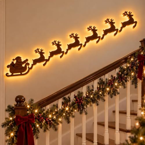 Weihnachtsdeko Rentier LED für Wand, Weihnachtsbeleuchtung aus Holz 7er