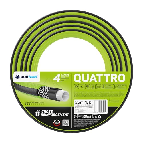 CELLFAST Gartenschlauch 4 Lagiger Wasserschlauch Aus Formstabilem Kreuzgewebe Für Garten Bewässerungsschlauch UV Beständig Anti Algen Flexibler Schlauch 20 Bar 1 2 Zoll 25 Meter Quattro