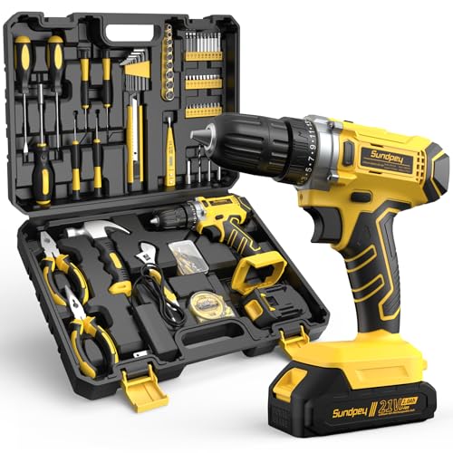 Sundpey Werkzeugkoffer Gefüllt 170tlg mit Akku Bohrschrauber Set, 21V Akkuschrauber mit 2.0 Ah Akku, Universelles Basic Heimwerkzeug im Werkzeugkasten für Haushalt, Bohrungen, Reparaturen, Heimwerker