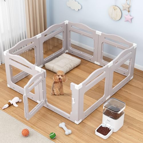 Clevich Welpenauslauf aus Acryl 60 cm hoch, 7 PCS +1 Laufstall Hund mit Tür, gitterloser Welpenlaufstall, Hundelaufstall für Wohnung, Saugnapf, Transparent, Indoor-Hundezwinger für Welpen, Warmgrau