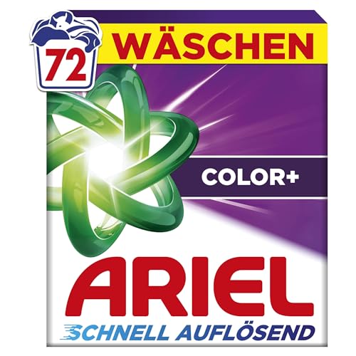 Ariel's schnell auflösendes Pulver Waschmittel Color+, 72 Wäschen, Color+, Fleck-Weg-Power beim 1. Waschen, Sofortige Wirkung, selbst in kaltem Wasser