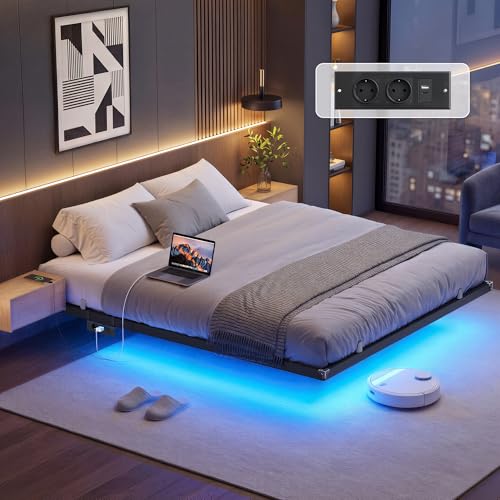 VASAGLE Bettgestell 160 x 200 cm, schwebender Effekt, LED-Beleuchtung, abnehmbare Steckdosenleiste, 2 AC-Steckdosen, 1 USB-C-Anschluss, 2 USB-A-Anschlüsse, trägt bis 500 kg, tintenschwarz RMB175B101