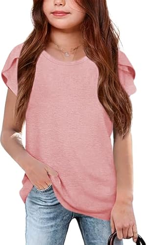 Haloumoning Mädchen T-Shirts Sommer Kurzarm Tops Casual Rundhals T Shirt Niedliche Einfarbig Oberteile, Rosa, 9-10 Jahre