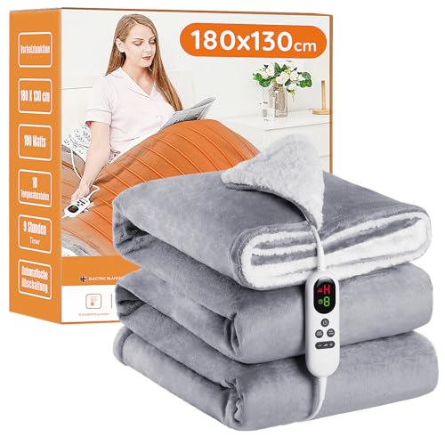 Heizdecke mit Abschaltautomatik, 130x180cm 10 Heizstufen 1~9 Stunden Auto-Off-Timer Überhitzungsschutz, Elektrische Wärmedecke Bett Wärme Decke ETL für Home & Office Schnelle Flanell Waschbar Grau