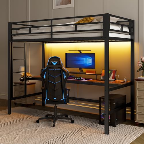 Merax Hochbett mit Schreibtisch 90x200 cm, Kinderbett Stockbett mit intelligentem Ambientelicht, Steckdose, USB- und Typ-C-Anschlüssen, Bettgestell aus Metall für Kinder und Erwachsene, Schwarz