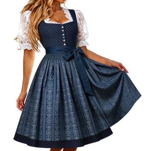 Generisch Damen Dirndl 3 Teilig Midi Trachtenkleid Damen Dirndlkleid mit Spitze Trachtenmode inkl. Dirndlbluse Dirndlschürze für Oktoberfest Karneval Besondere Anlässe