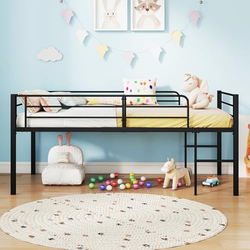 COSTWAY Hochbett 90x200 cm, Kinderbett mit Sicherheitsgeländern & 2 Leitern, Kinderhochbett platzsparend mit Stauraum unter dem Bett, Bettrahmen für Jungen & Mädchen (Schwarz)