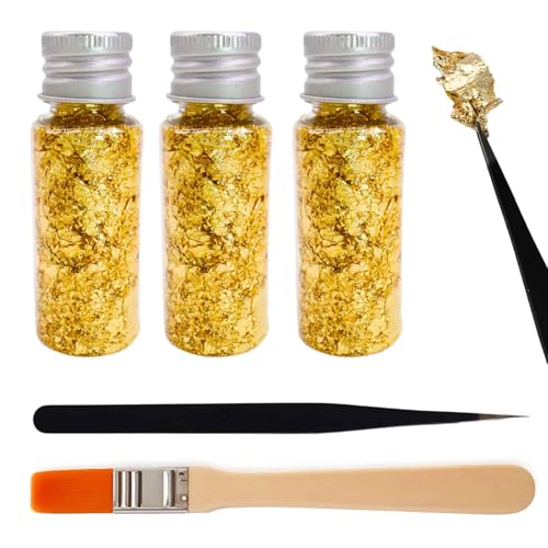 3 Flaschen Blattgoldblätter mit Pinzette & Pinsel, Blattgold Flocken Multifunktions-Dekorfolienpapier Goldfolie Papier für Küche, Mousse, Kuchen, Backen, Gebäck, Kunsthandwerk & Dekoration