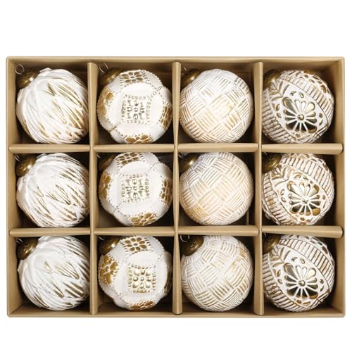 SVNVIOZ 12 Stück 8cm Weihnachtskugeln Weiß Gold, Christbaumkugeln Kunststoff Deko Weihnachten, Bruchsicher Weihnachtsbaumschmuck mit Aufhänger, Weihnachtsbaumkugeln für Weihnachtsdeko Innen Aussen