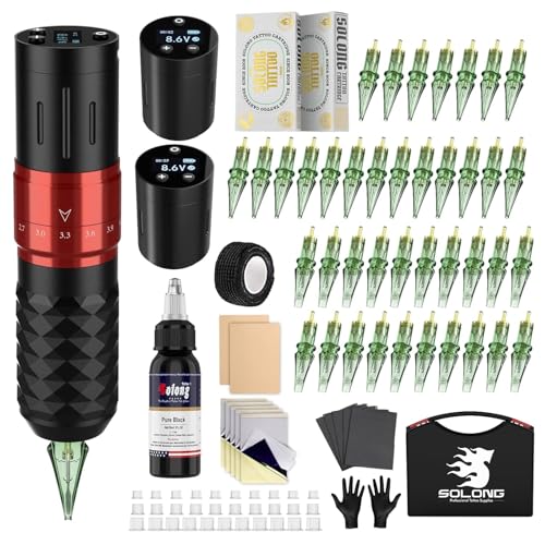 Solong Tattoo Maschine Set 2 Batterien 7 Strokes, Rotary Wireless Tattoo Pen Gun mit LCD Digital, 40pcs Cartridge Nadeln, 30ML Tinten Schwarz für Anfänger und Künstler SLE75KITEU-1