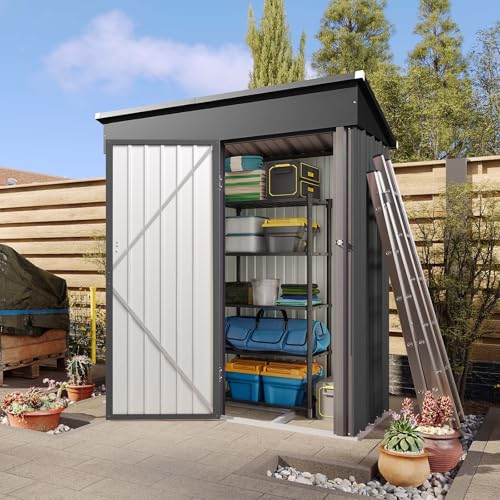 Aoxun Gerätehaus Metall 150 x 91 x 185 cm, Geräteschuppen mit Fundamentrahmen, Pultdach mit Belüftungslöcher Abschließbarer Tür für Outdoor Garten Schuppen, Schwarz