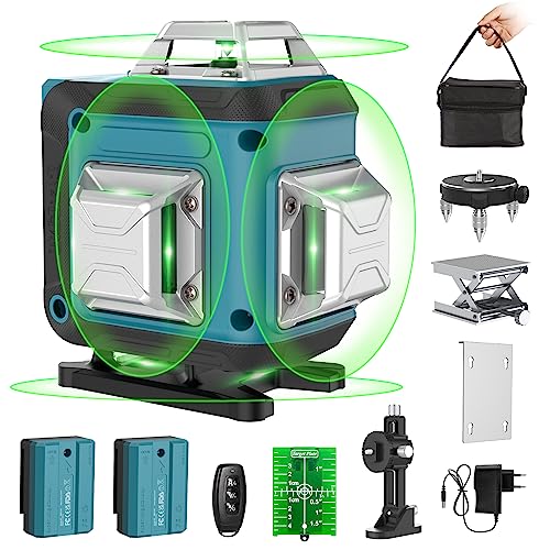 【Pulsmodus】Kreuzlinienlaser Grün 16 Linien 4x360° mit Pulsmodus, Selbstnivellierende Laser Wasserwaage, Linienlaser Baulaser für Innenbereich & Baustelle, 2 x 2400mAh Akku