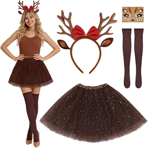 XILEPINGAN Reh Kostüm Damen, Rentier Haarreif und Tüllrock Temporäre Tattoos Socken Weihnachtskostüm Reh Kostüm Tierkostüm Erwachsene für Halloween Weihnachten Cosplay (A)